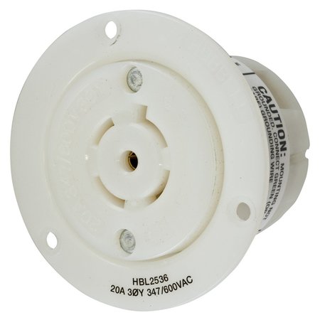 HUBBELL WIRING DEVICE-KELLEMS Locking Devices, Twist-Lock®, Industrial, Flanged Receptacle, 20A 3-Phase Wye 20A 347/600V AC, 4-Pole 5-Wire Grounding, L23-20R, Screw Terminal, White HBL2536